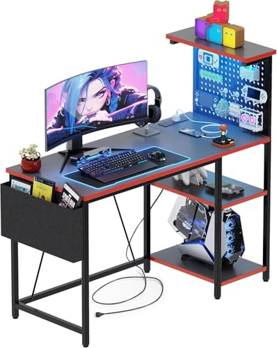 Xyphren Spieltisch 120 * 50cm mit Lochwand, Steckdose und, Kleiner Computertisch mit Umkehrbaren Regalen und Aufbewahrungstasche im Homeoffice, Schwarz