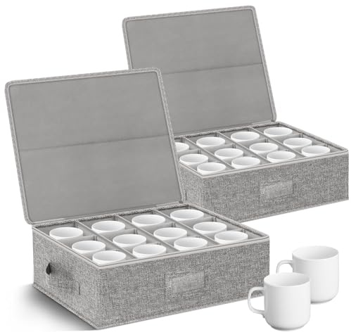 2 Pack Cup and Coffee Mug Storage Box with Dividers, Hard Shell China Storage Containers Holds 24 Coffee Mugs and Tea Cups, Stackable Mug Organiser with Sturdy Lid and Handles for Moving and Packing