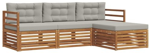 vidaXL Outdoor-Sofagarnitur mit Kissen 4 pcs Natürlich und Hellgrau, Gartenlounge-Set, modernes Ecksofa für draußen, langlebige Möbel für Bequeme Terrassenplätze