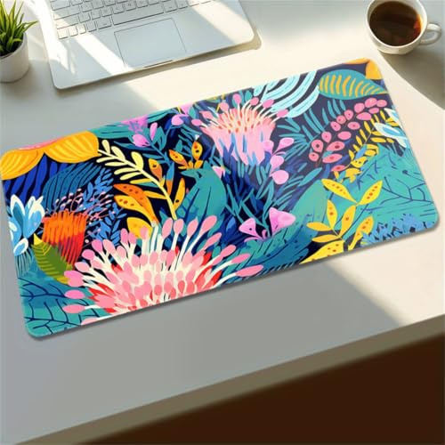 KIZIFI Tappetino Mouse Gaming XXL Fiori Foglie Tropicali, Base Antiscivolo Bordi Cuciti per Lavoro e Gaming Ufficio, Dimensioni 700x400x3 mm