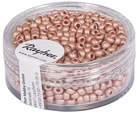 Rayher Perles rocaille, rose pâle, 1 boite, 17g, ø 2,6mm, rocailles, en verre, mat, métallique, arts créatifs, bijoux, tissage, broderie-14307254