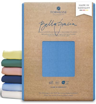 Bella Gracia hochwertiges Jersey-Spannbettlaken: glatt, weich schöne Farben | FORMESSE Farbe Azur; 200x220-200x240cm, bis 25cm; 97% Baumwoll-Kompaktgarn, 3% Elastan; pillingarm, faltenfrei, 60°C