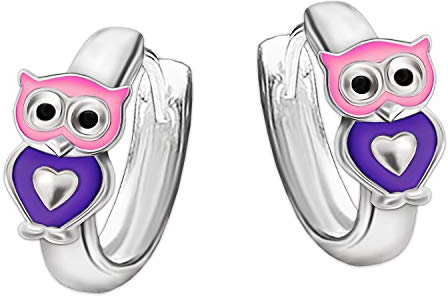 CLEVER SCHMUCK Silberne kleine Mädchen Creolen Ø 10 mm Mini Eule mit Herz rosa violett glänzend STERLING SILBER 925 im Etui rosa