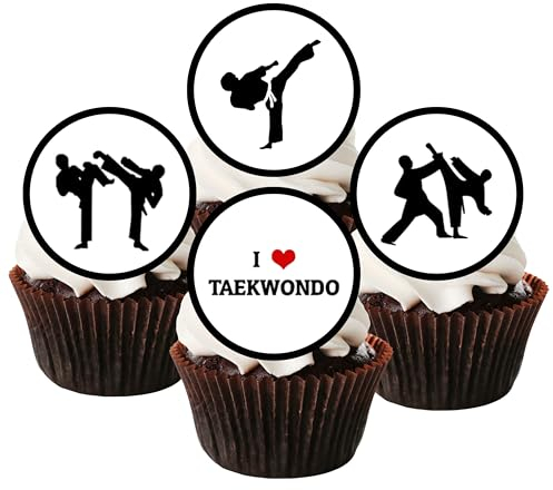 Edible Taekwondo Cupcake Toppers, Mini Martial Arts Cake Decorations, Karate Gifts, Jiu Jitsu, Ninja Party Topper, Judo Gift, Karate-Kids Uncut (Pack of 24 x 4cm Discs)