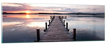 Panorama Bilder auf Glas Fußgängerbrücke See Sonnenuntergang Abend Glasbild 90x30cm Wandbilder Dekoration Wohnzimmer Schlafzimmer Küche Klein Wanddeko Wand Kunstdruck Art Modern GAB90x30-2635
