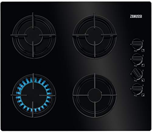 Zanussi ZGO62414BA Placa de gas, Gas on Glass, 4 fuegos, Quemador Wok, Mandos Laterales Giratorios, Entendido electrónico, Parrillas hierro fundido, Termopar de Seguridad, Negro, 60 cm