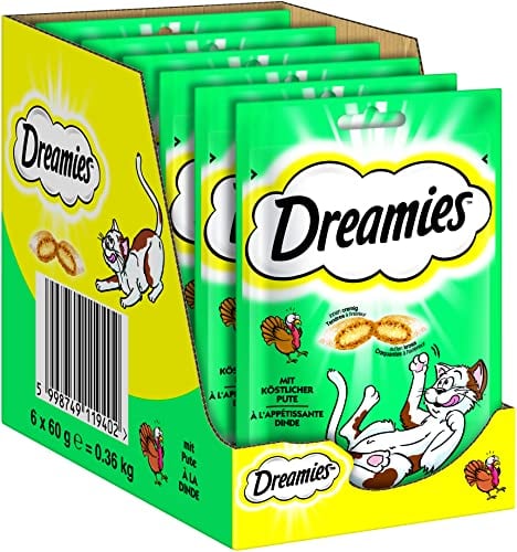 DREAMIES Katzensnacks - 6x60g - mit Pute - Traumhaft knusprige Katzen Leckerlies mit zarter Füllung