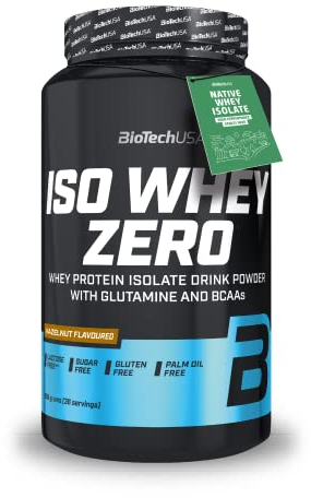 BioTechUSA Iso Whey Zero | Premium Whey Protein Isolate | Grass-Fed | Enzyme-Free | Sugar- and Gluten-free, 908 g, Noisette