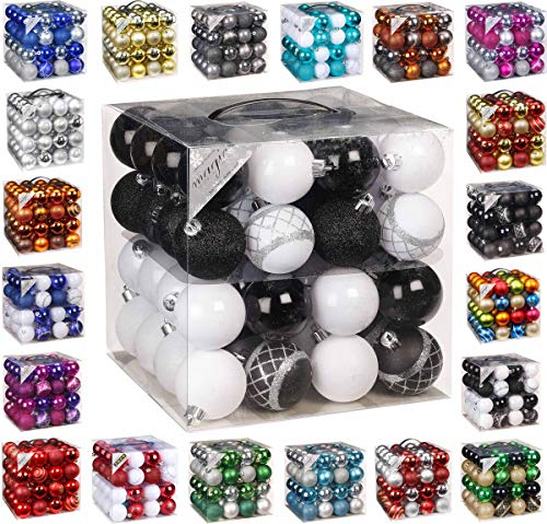 64x Kunststoff Christbaumkugeln Ø 6cm Kugel Box Glanz Glitzer Matt Dekor Inge inkl. Aufhänger, Farbe:Schwarz-Weiß