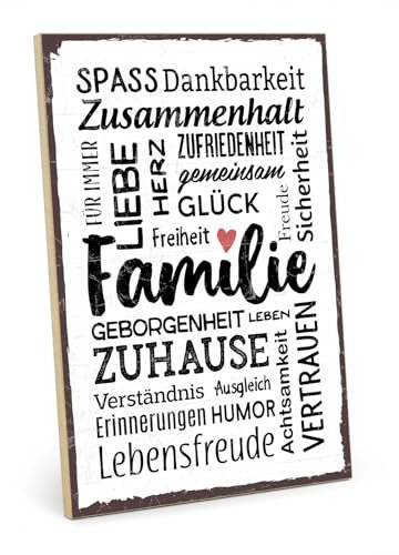 TypeStoff Holzschild mit Spruch – FAMILIE – im Vintage-Look mit Zitat als Geschenk und Dekoration zum Thema Freude, Sicherheit und Achtsamkeit - HS-00418