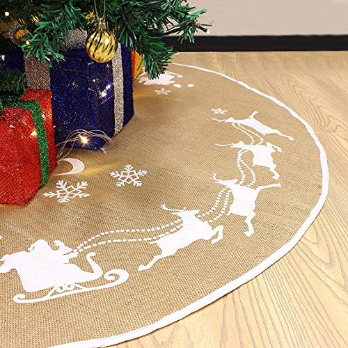 JOYIN Weihnachtsbaumrock 121,9 cm, Weihnachtsmann, Schneeflocken-Schlittenmuster, Jute, Baumrock für Weihnachtsdekoration, Festival, Urlaub, Dekorationen, drinnen und draußen