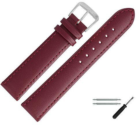 MARBURGER Uhrenarmband 20mm Leder Rot Silber Glatt Mit Naht - Montage Set 8072041200120
