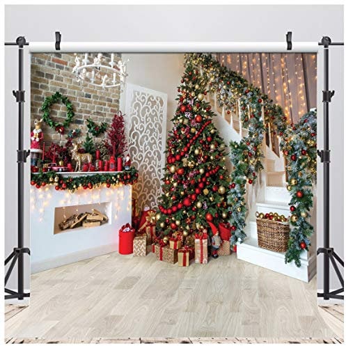 AIIKES 10x10FT Merry Christmas Backdrop Indoor Stairs Holly Fireplace Backdrops Kids Adult Portrait Shooting Background Xmas Party Decoration Photography Backgrounds Photo Booth Studio Props 11-752