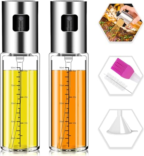 Norbase Lot de 2 vaporisateurs d'huile d'olive distributeur d'huile et de vinaigre rechargeable avec mesures pour barbecue cuisson à rôtir huile de frire régime alimentaire 100 ml avec pinceau Funne