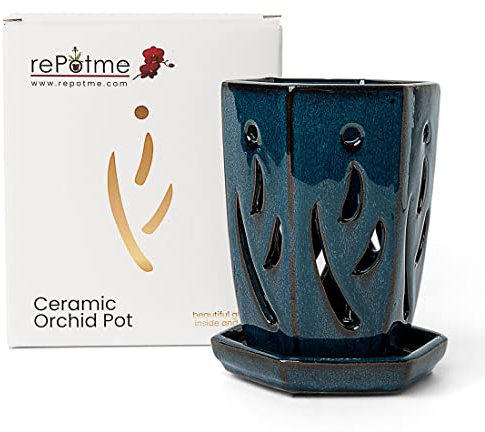 rePotme Vaso esagonale per orchidee in ceramica con piattino abbinato (giada color foglia di tè) 10,2 x 15,2 cm