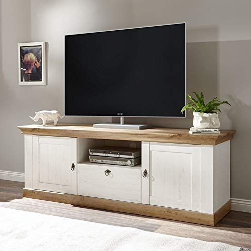 Lomadox TV-Lowboard Fernsehkommode im Landhaus Design, Pinie weiß, Wotan Eiche, B/H/T ca.: 183/64/52 cm