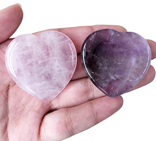 2er Set Sorgensteine Herzform Amethyst & Rosenquarz mit Daumenmulde | Taschensteine Handschmeichler zur Entspannung & Meditation