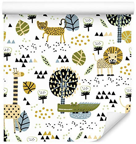 Muralo Tapete 10m Rolle Vlies Tapete Löwen Blätter Bäume Punkte Kinder Junge Vliestapete 1000 x 53cm Wand Tapete Wohnzimmer Kinderzimmer Moderne Wanddeko Wand Dekoration