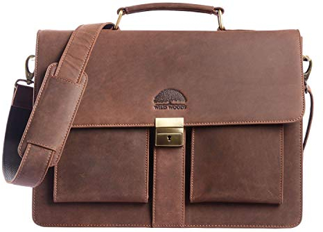 WILD WOODS | LEDER-AKTENTASCHE Laptopfach 15,6 Zoll Große Ledertasche zum Umhängen BÜFFELLEDER Dunkelbraun Vintage