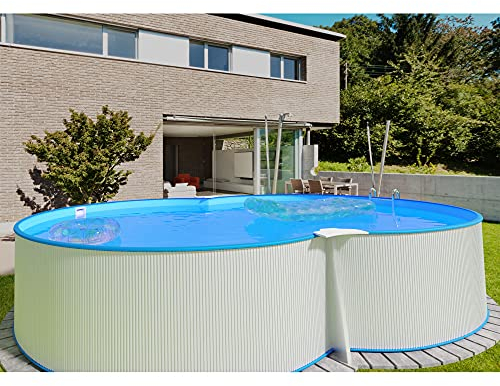 Planet Pool Stahlwandpool achtform 540x350x120 cm, Stahl 0,4 mm weiß, Folie 0,4 mm blau, Einhängebiese