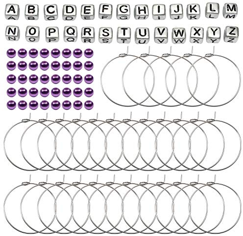 TOAOB 460pcs Wine Glass Charms Set Personalized Name Glass Markers 30mm Wine Charm Rings 6mm Acrylic A to Z Letter Beads and Purple Pearl Beads for DIY Jewellery