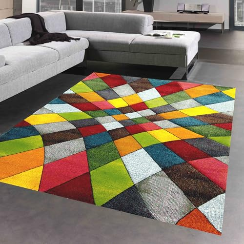 CARPETIA Teppich Wohnzimmer modernes buntes Rautenmuster Design orange gelb grün - pflegeleicht Größe 200 x 290 cm