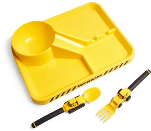 Dinneractive Kit de repas pour enfants - 3 Pièces Construction de Theme Dinnerware - Ustensiles de tracteur - Assiettes pour enfants - Vaisselle pour bébés