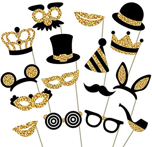 16 Stücke Party Foto Booth Props, Photo-Props Fotobox Accessoires Mix Von Kappen, Bart, Lippen Stift, Krawatte, Kronen und Mehr für Vielfalt Party Geburtstag Party Hochzeiten (Gold)