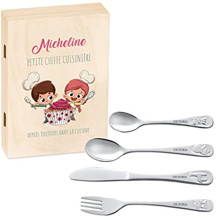 Maverton Set de couverts personnalisé dans boîte en bois imprimée - Thème Animal - Cadeau d'anniversaire personnalisé - Pour filles - Cadeaux bébé - Coutellerie gravée - TARTE
