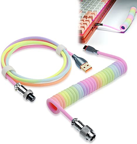 Câble USB C spiralé professionnel pour clavier de jeu, câble de clavier spiralé, câble de clavier mécanique à double manchon avec aviateur en métal amovible, USB-C vers USB-A de 1,8 m (arc-en-ciel)