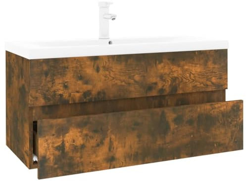 vidaXL Waschbeckenschrank mit Einbaubecken Räuchereiche Holzwerkstoff, Waschbecken Unterschrank, Badezimmerschrank, Waschtischunterschrank