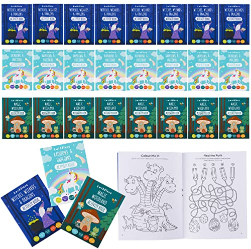 THE TWIDDLERS 24 Mini Livre de Coloriage & d'Activités pour Enfants - Licorne, Sorcières, Magiciens & Dragons, Forêt Magique - Cadeaux Invités, Pochettes Surprises, Anniversaire, Mariages