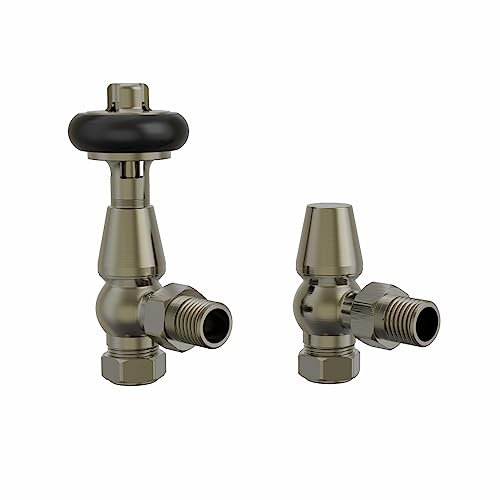 NRG Traditional Antique Angled Central Heating Radiator Valve 15mm Thermostatic + Lockshield Valve Polished Antique Brass with Black Hand Wheel