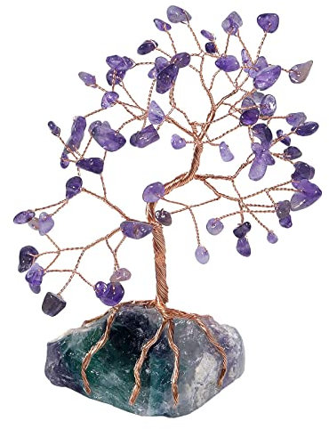 Nupuyai Améthyste Arbre de Cristal de la Vie enveloppé sur Base de Fluorite, Guérison Reiki Argent Bonsaï Ornement pour la Chance Feng Shui Décoration de la Maison