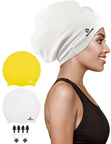 2 Pack Extra Large Swim Cap for Braids and Dreadlocks, Silicone Swimming Caps for Long Hair, Weaves, Extensions, Curls & Afros, Waterproof Adult Swim Hats Bathing Caps for Women Men(Yellow+White)