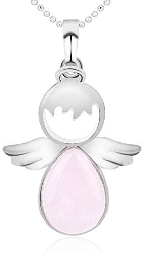 Tesselite Angel Wings Collier Pierre Naturelle Améthyste Noir Onyx Rouge Agate Quartz Anges Forme Pendentif Goutte D'eau Perles Jolis Bijoux pour Femmes Filles, Quartz Rose, Taille Unique