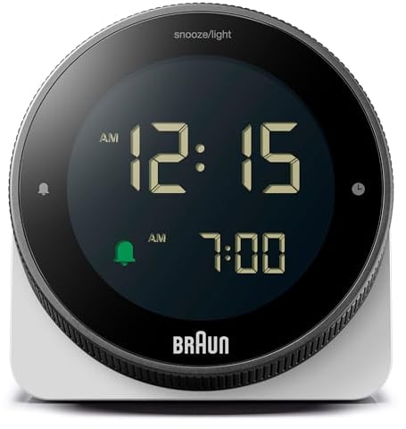 Braun Digitalwecker mit Schlummerfunktion, negativer LCD-Anzeige, drehbarer Lünette für schnelle Zeiteinstellung, Crescendo-Piepton-Alarm in Weiß, Modell BC24W.