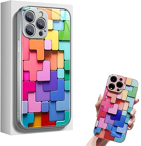 Georcep Flat 3D Square Pattern Glass Case Cover Compatible with iPhone (C-Silver,for iPhone15 pro)