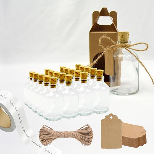 20 bouteilles en verre de 50 ml avec 20 boîtes, 20 étiquettes kraft, de la ficelle et 20 étiquettes personnalisées - Idéales pour la décoration, le stockage d'épices et les cadeaux chics pour mariages
