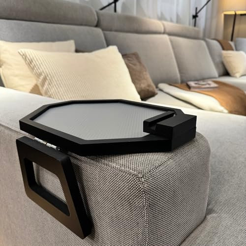 STYR Sofatablett mit Antirutschmatte und Handyhalterung Couchbar Snackbox Beistelltisch Sofa Tablett Armlehne Ablage Wohnzimmertisch klein platzsparend klappbar rutschfest in 3 Farben (Schwarz)