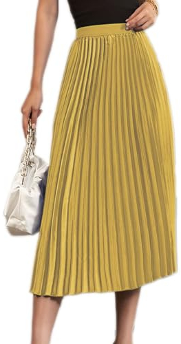 seiveini Damen Plisseerock Länge Elegant Plissee-Maxirock Elastische Taille Chiffon Langer Faltenrock Elastischer Bund für Frühling Sommer Herbst Rock Lang 90cm Einfarbig Vintage A Gelb S