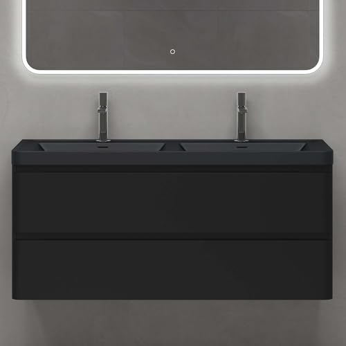 doporro Badmöbel Set Waschtisch mit Unterschrank Waschbecken mit Unterschrank Waschbeckenunterschrank Waschtischunterschrank Matt schwarz 120x48x55cm inkl. Mineralguss-Waschbecken
