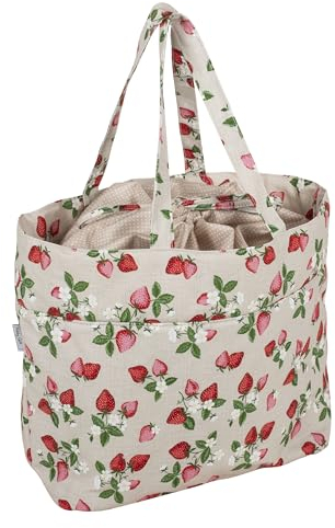 Hobby Gift Basteltasche mit Kordelzug – Aufbewahrungstasche aus Wolle, Garnhalter aus 100% Baumwolle, 43 x 29 x 17 cm – Erdbeeren