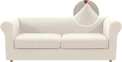 LINGKY Stretch Chesterfield Sofa Überzug 2 Sitzer, Elastischer Sofabezug Mit 2 Separaten Sofa Sitzkissenbezug, Elasthan Couch Überzug, Sofaschutz Katze Sofaüberwurf (Elfenbein,Großer 2 Sitzer)