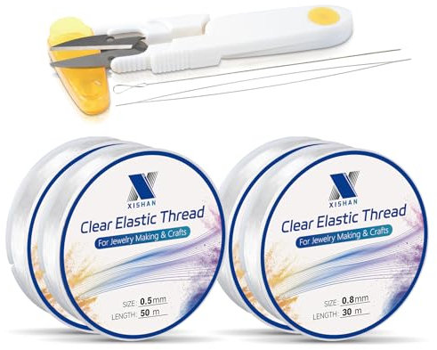 XISHAN Pack of 4 Clear Elastic Bracelet String for DIY Jewelry Making - 160m (0.5mm x 50m x 2, 0.8mm x 30m x 2) Stretchy Elastic Thread for Crafts