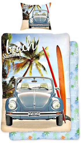 VW Volkswagen Käfer Bettwäsche Blau 135 cm x 200 cm + 80 cm x 80 cm 100% Baumwolle Renforcé-Linon-Qualität Oldtimer Retro Bulli Camper Van New Beetle T1 mit Reißverschluss Deutsche Größe 005