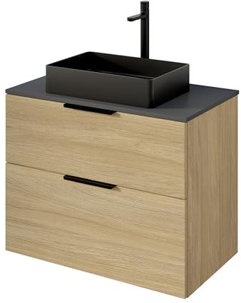 BERNSTEIN Unterschrank in Eiche nebelgrau für Aufsatzwaschbecken - 79,8 x 45,5 x 62 cm - Waschbeckenunterschrank mit 2 Schubladen, mit Waschtischplatte in Anthrazit, Badschrank Griff in Schwarz matt
