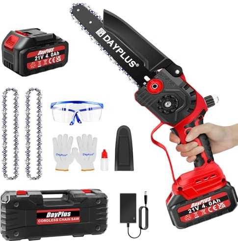 Mini Chainsaw 8 Inch, New Upgraded Brushless Cordless Chainsaw with Rechargeable Battery 4000mAh, 2 Chains, Security Lock, Electric Battery Chainsaw for Garden Courtyard Tree Branch Wood Cutting