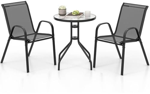 COSTWAY 3 Piece Patio Bistro Set, Garden Furniture Set with Glass Side Table and 2 Stackable Chairs, Outdoor Dining Table and Chairs Set for Balcony Backyard Poolside