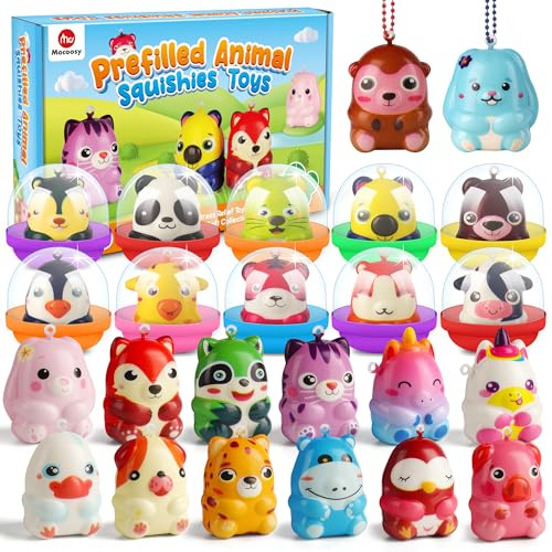 Mocoosy 24 Pcs Animali Squishy Giocattoli per Bambini Bomboniere,Giocattoli da spremere Riempitore per Cestini di Uova di Pasqua,Riempitivo per Pinata e Borse da Festa,Piccoli Premi Regalo per Bambini